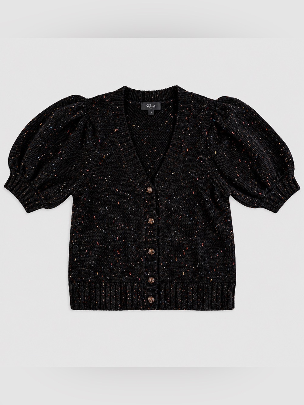 Rails Puff-Sleeve Brown Speckled Button-Front Sweater